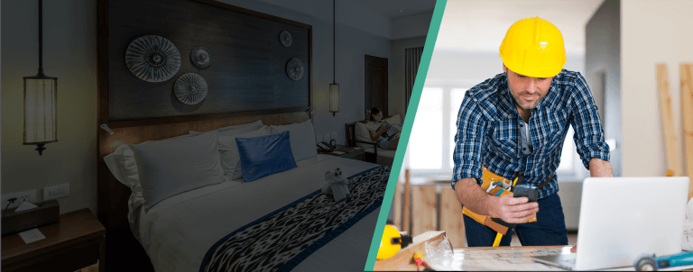 A split-screen promotional image with a teal-colored diagonal divider. The left side shows a modern hotel room with a king-size bed featuring crisp white linens and a blue accent pillow. The headboard wall has decorative circular silver wall art pieces arranged in a symmetrical pattern. A black pendant light fixture hangs from the ceiling. The right side shows a middle-aged man in a blue and white plaid button-up shirt and yellow hard hat working at a desk with a laptop. He is wearing a tool belt and is focused on his work. The background shows a bright, well-lit indoor workspace. The image has a professional, high-quality finish with sharp details and balanced lighting.